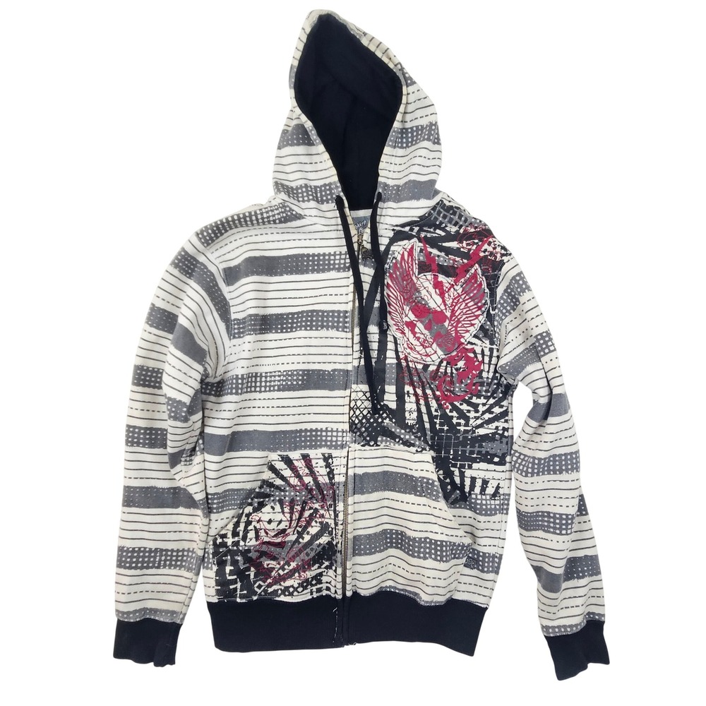 Sapphire Lounge Mens Small Zip Up Hoodie Striped Graphic Winged Skull Y2K Grey